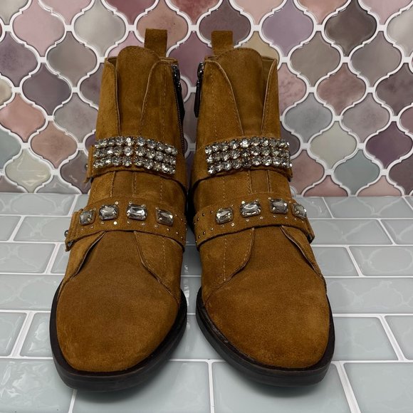 Stradivarius Suede Jeweled Strap Boots in‎ Brown, Size 39/8.5 - Picture 1 of 7